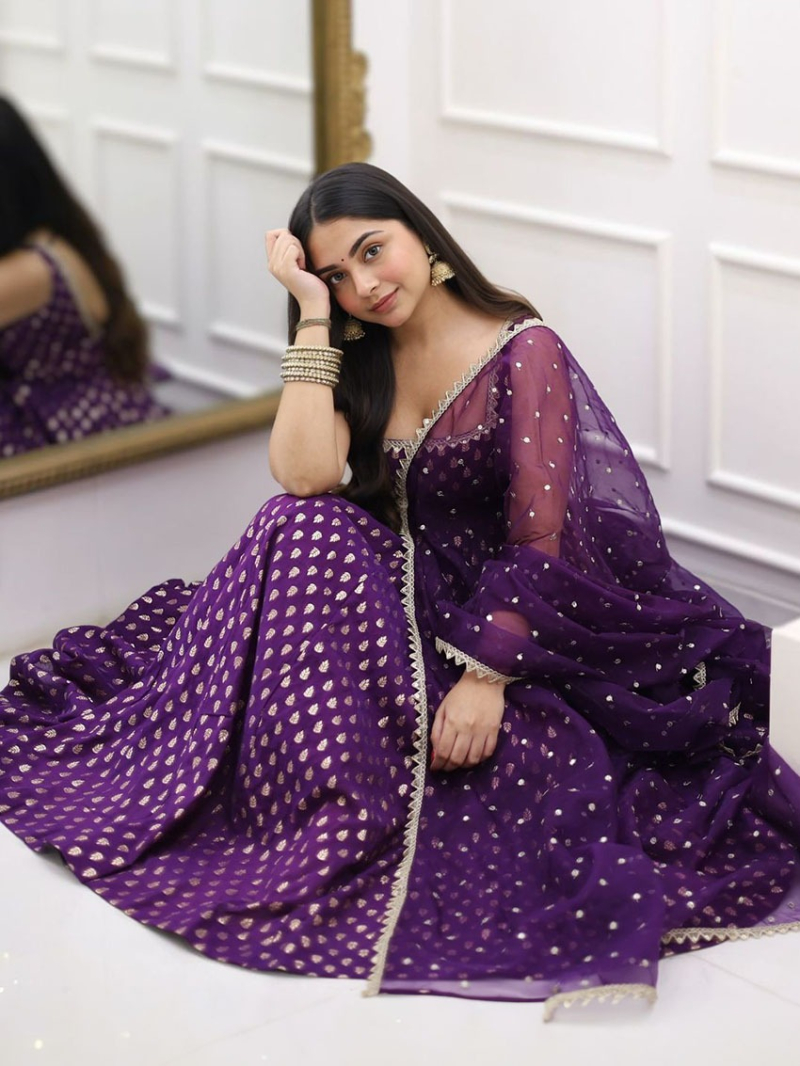 Authentic  Design Ethnic Traditional Purple Jacquard Silk Anarkali Suit