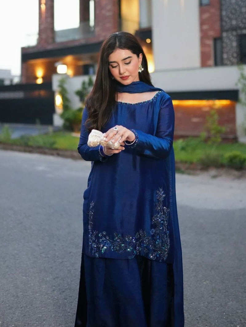 Elegant Designer Ethnic Festive Navy Blue Natural Crepe Silk Farshi Suit