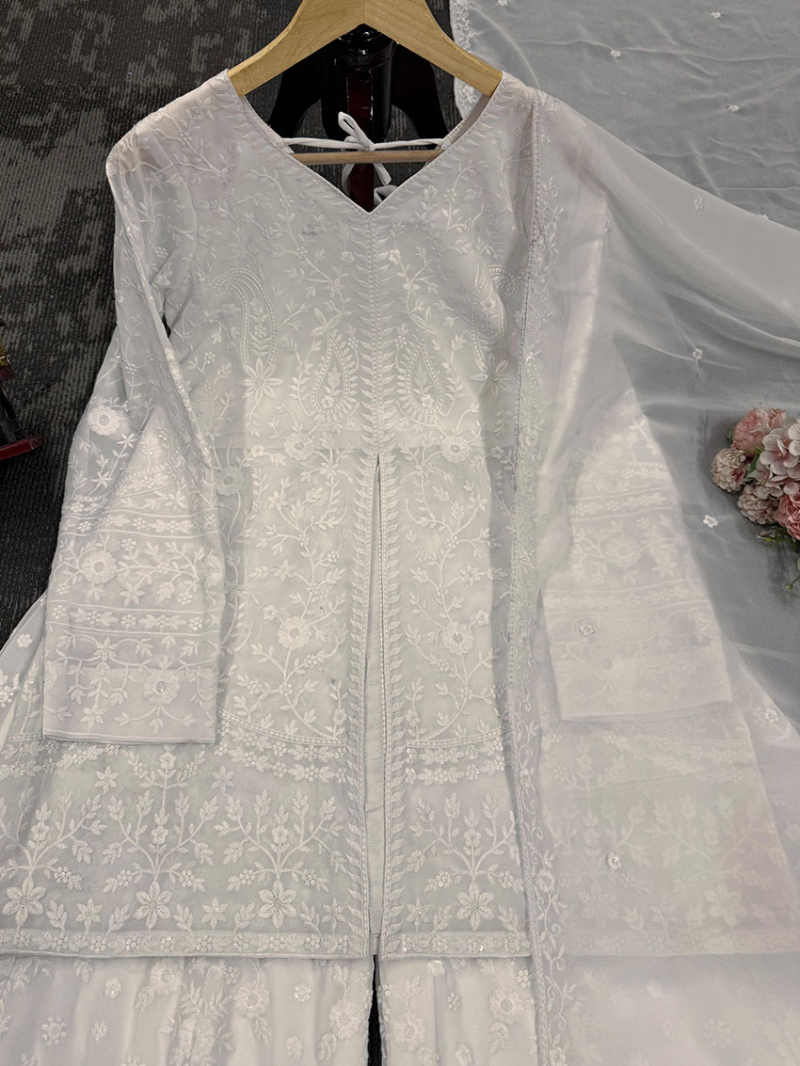 Elegant Designer Traditional Festive Off White Georgette Plazo Suit