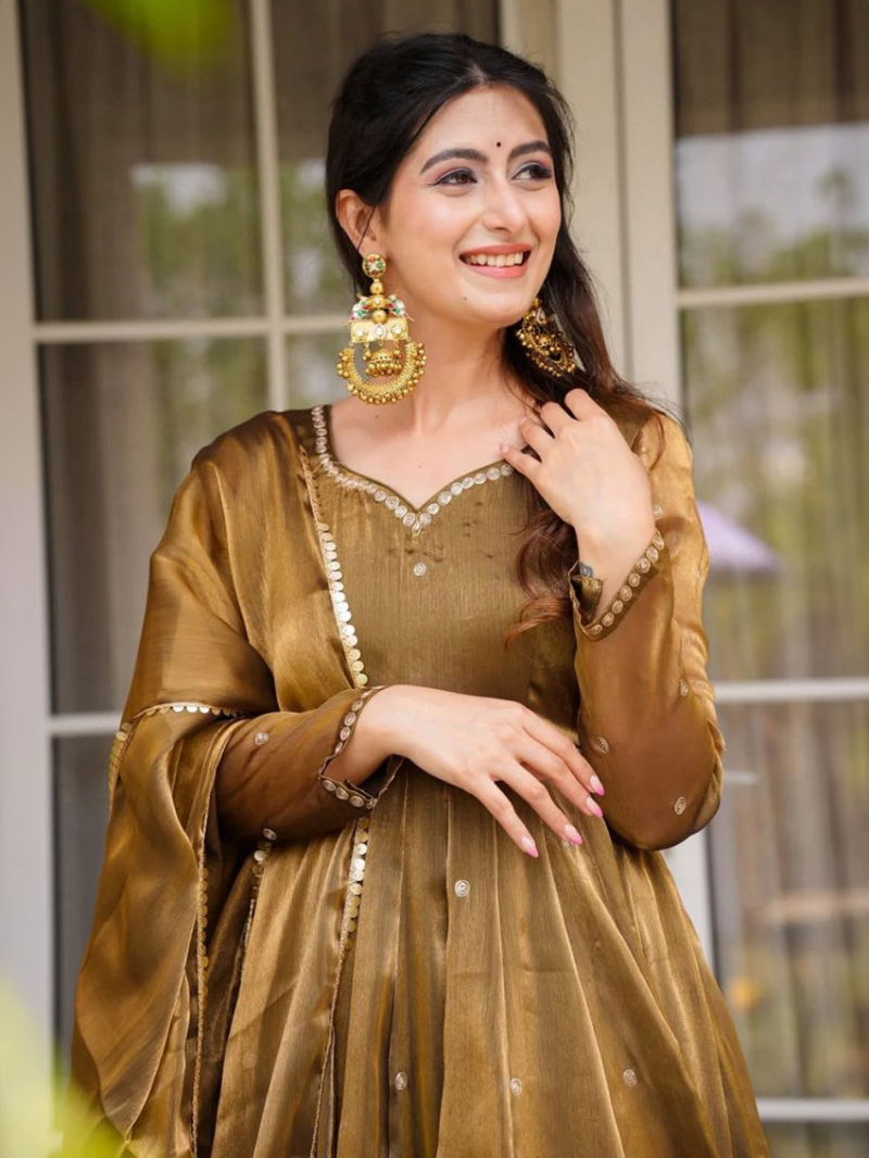 Authentic Elegant Ethnic Festive Golden Brown Jimmy Choo Anarakali Suit