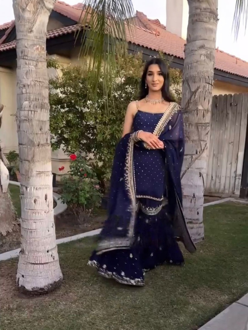 Designer Ethnic Elegant Traditional Navy Blue Georgette Sharara Suit