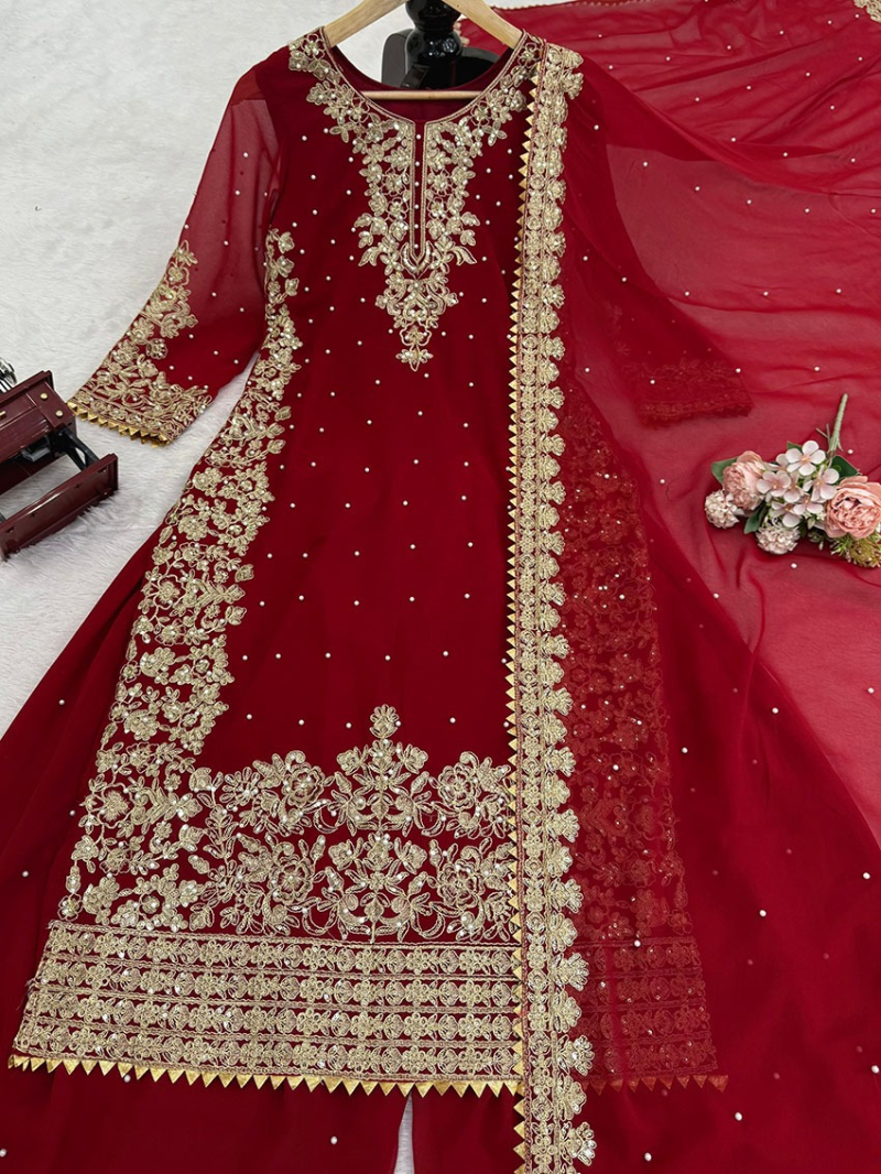 Traditional Festive Ethnic Maroon Georgette Plazo Suit