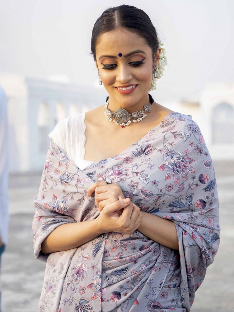 Elegant Ethenic Festive Premium Silver Satin Silk Saree