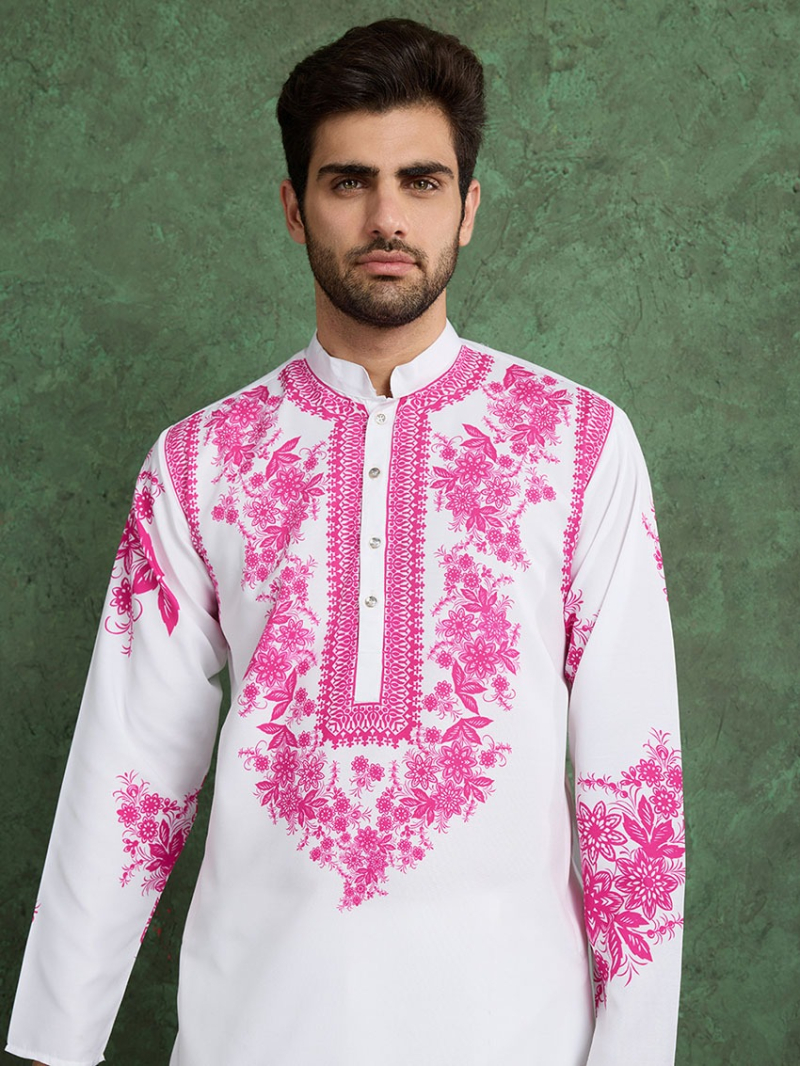 Designer Ethnic White & Pink Viscose Rayon Kurta Pajama Set
