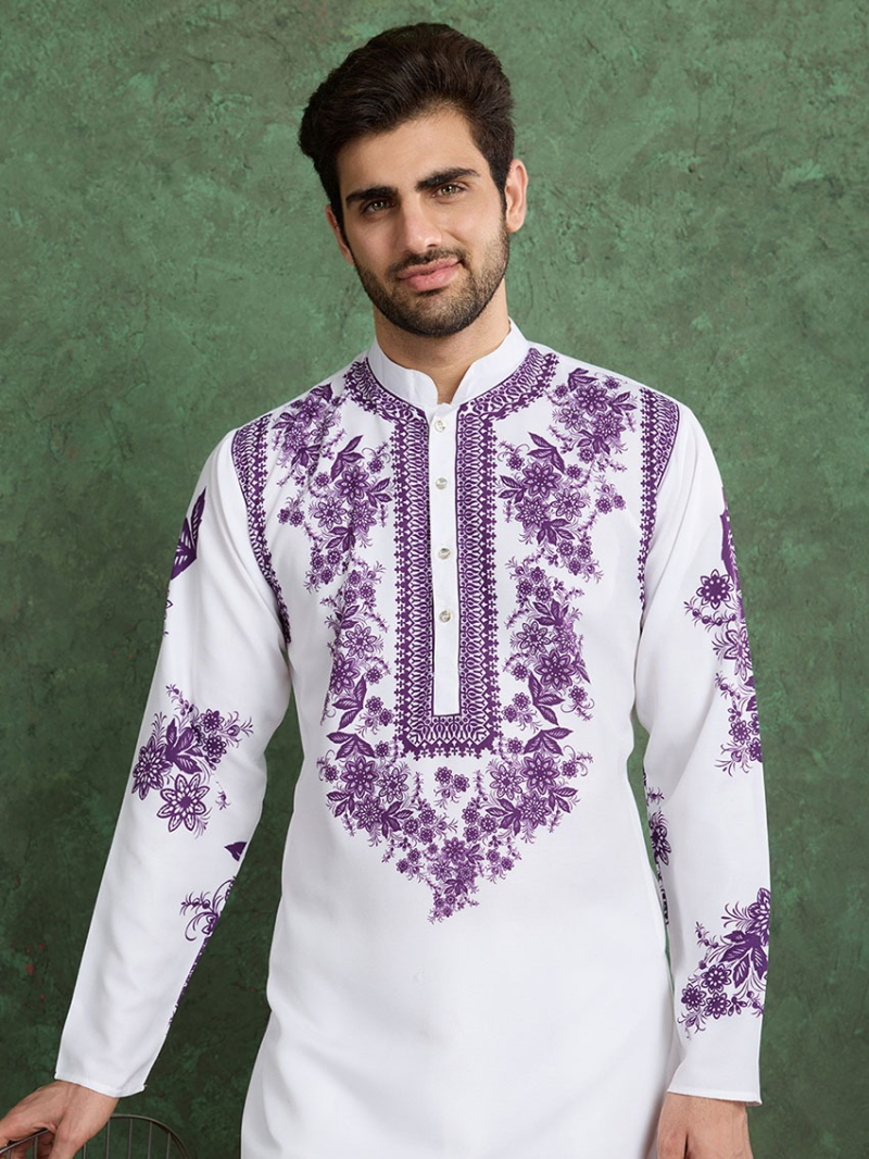Designer Ethnic Festive White & Purple Viscose Rayon Kurta Pajama Set
