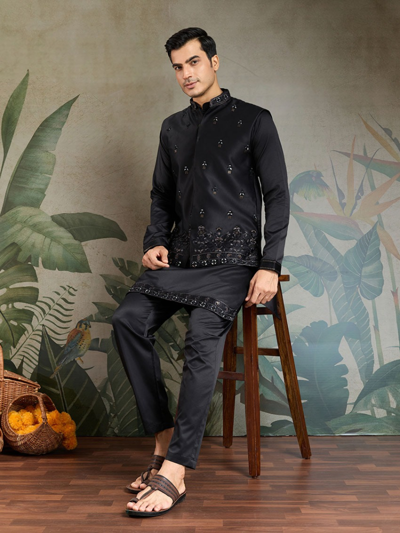 Elegant Ethnic Festive Black Silk Kurta Pajama with Koti Set