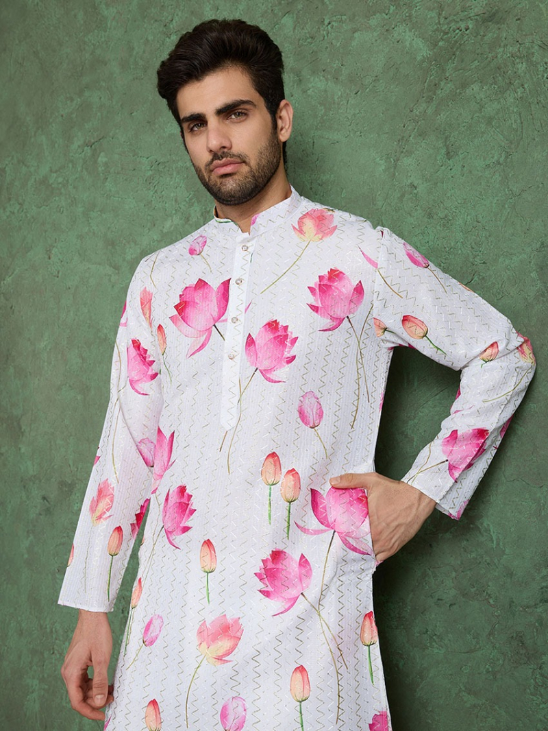 Designer Ethnic White  & Pink Floral Print Rayon Kurta Pajama Set