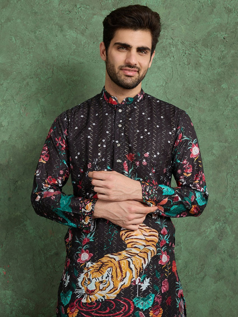 Designer Elegant Black Tiger Print Rayon Kurta Pajama Set