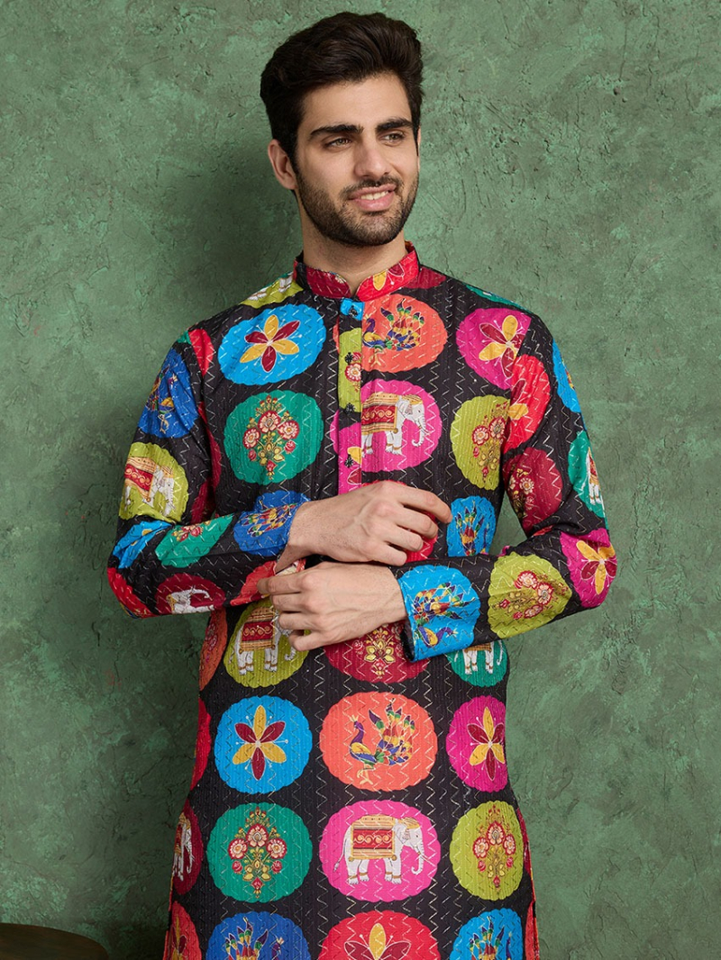 Designer Elegant Ethnic Black with Multicoloured Rayon Kurta Pajama