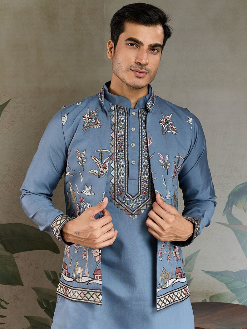 Designer Elegant Ethnic Viscose Silk Kurta Pajama with Koti Set