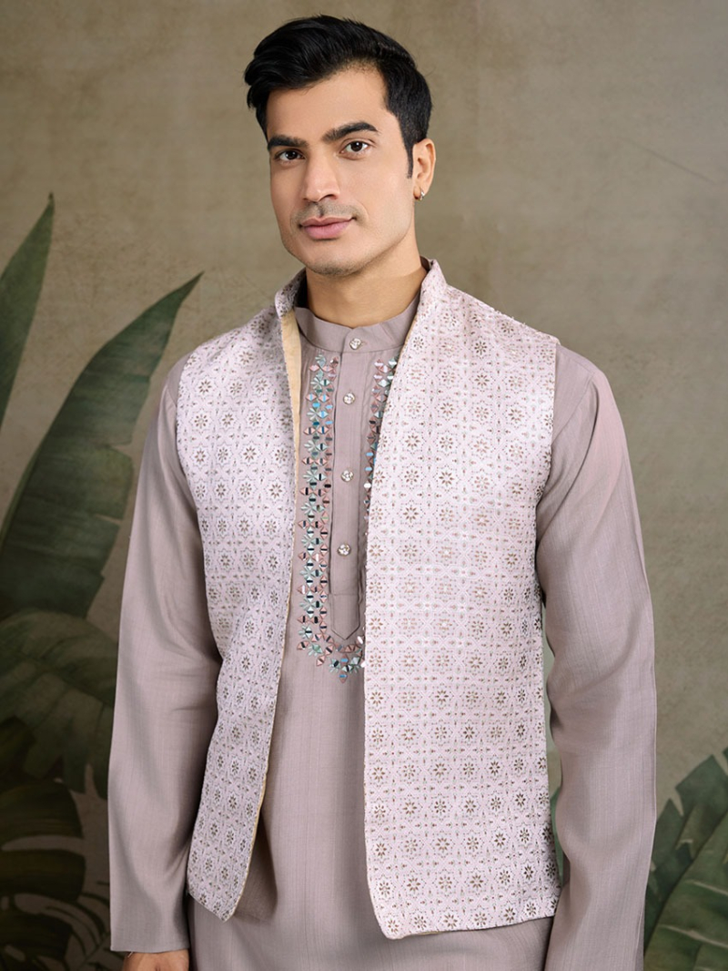 Designer Ethnic Festive Soft Mauve Viscose Silk Kurta Pajama  with Koti Set