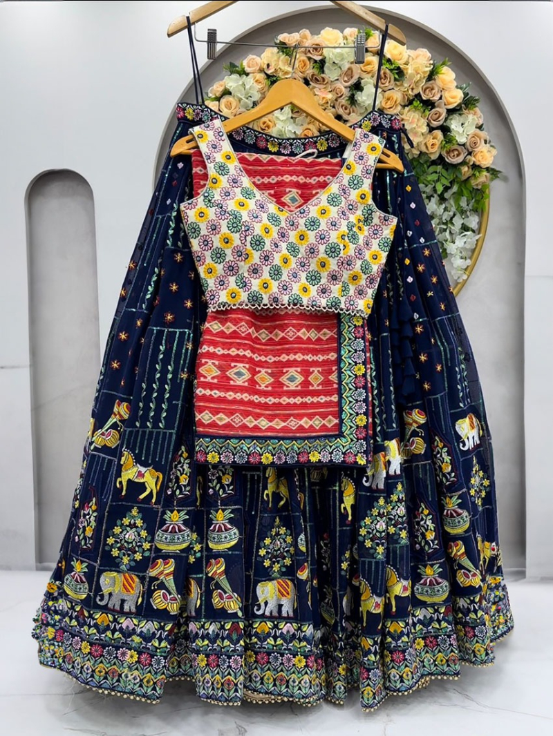 Designer Traditional Ethnic Festive Navy Blue Bangalore Silk Lehanga Suit