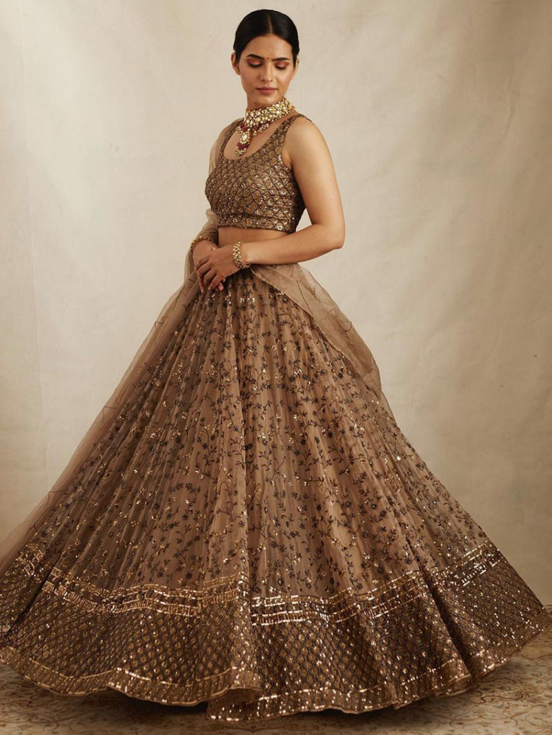 Traditional Elegant Ethnic Festive Brown Soft Net Lehanga Suit