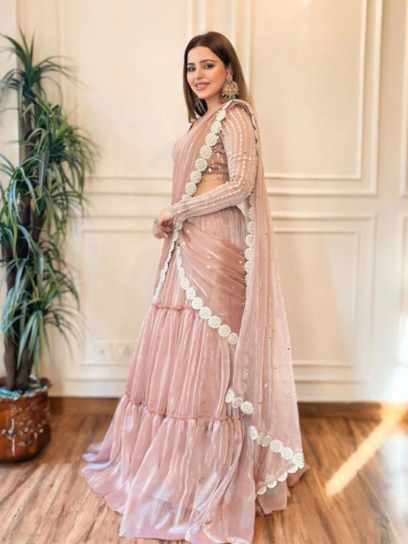 Authentic Elegant Festive Light Pink Twill Organza  Lehanga Saree