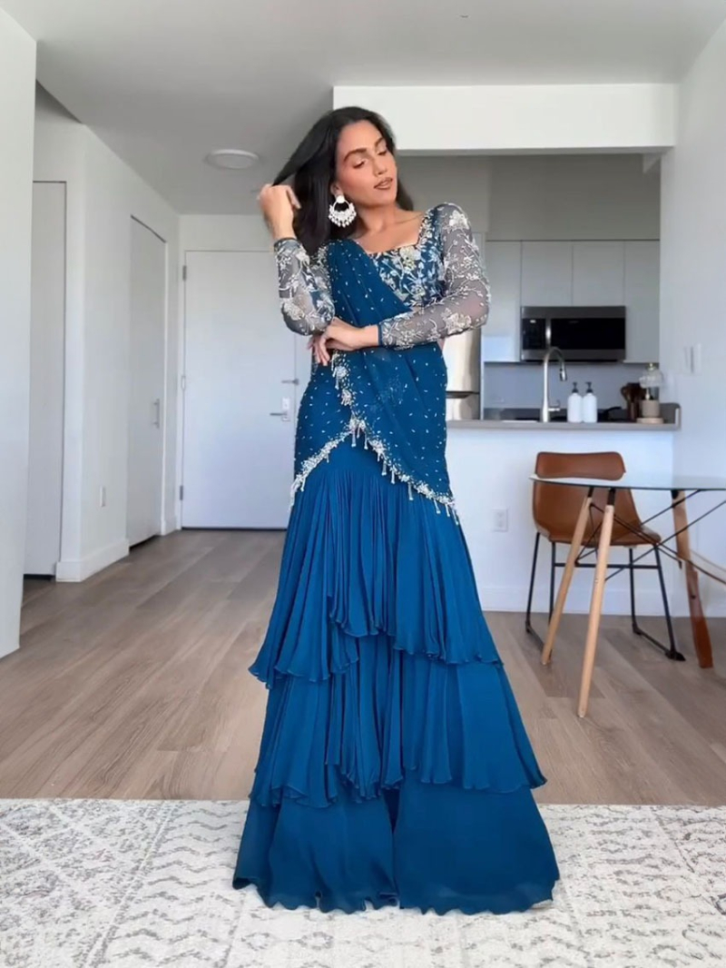 Designer Elegant Festive Ethnic Peacock Blue Georgette Lehanga Saree