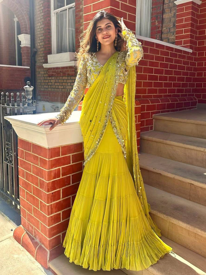 Traditional Designer Elegant Yellow Georgette Lehanga Saree