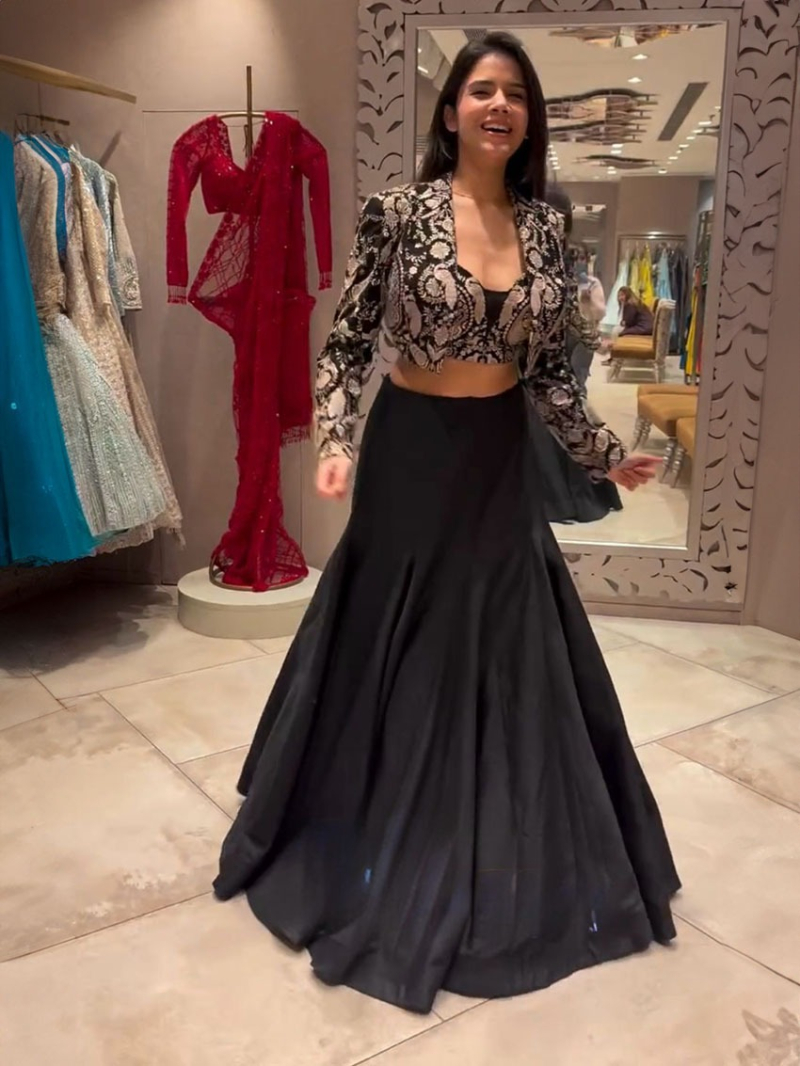 Designer Elegant Ethnic Black Taffeta Silk 3-Piece Indowestern Set