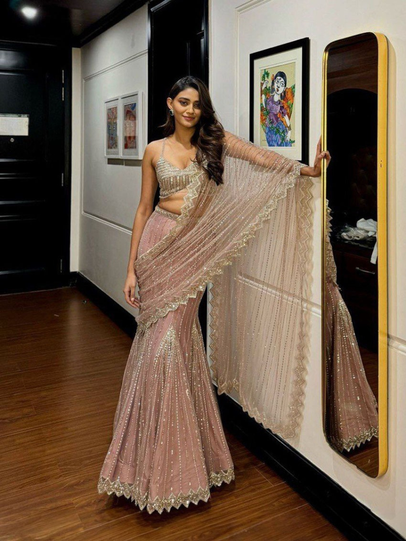 Elegant Stylish Ethnic Light Pink Soft Butterfly Net Lehanga Saree