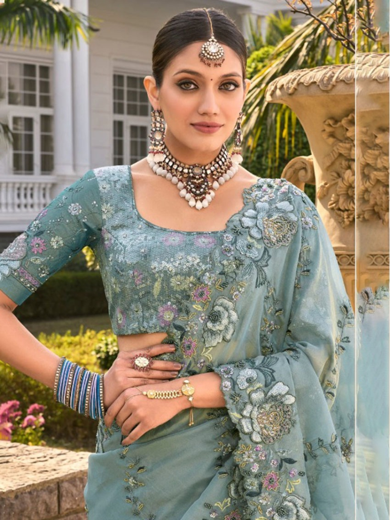 Designer Festive Dusty Teal Green Organza Saree