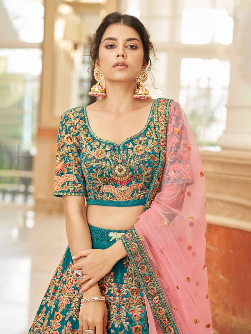 Elegant Ethnic Festive Traditional Velvet & Soft Net Lehanga Suit