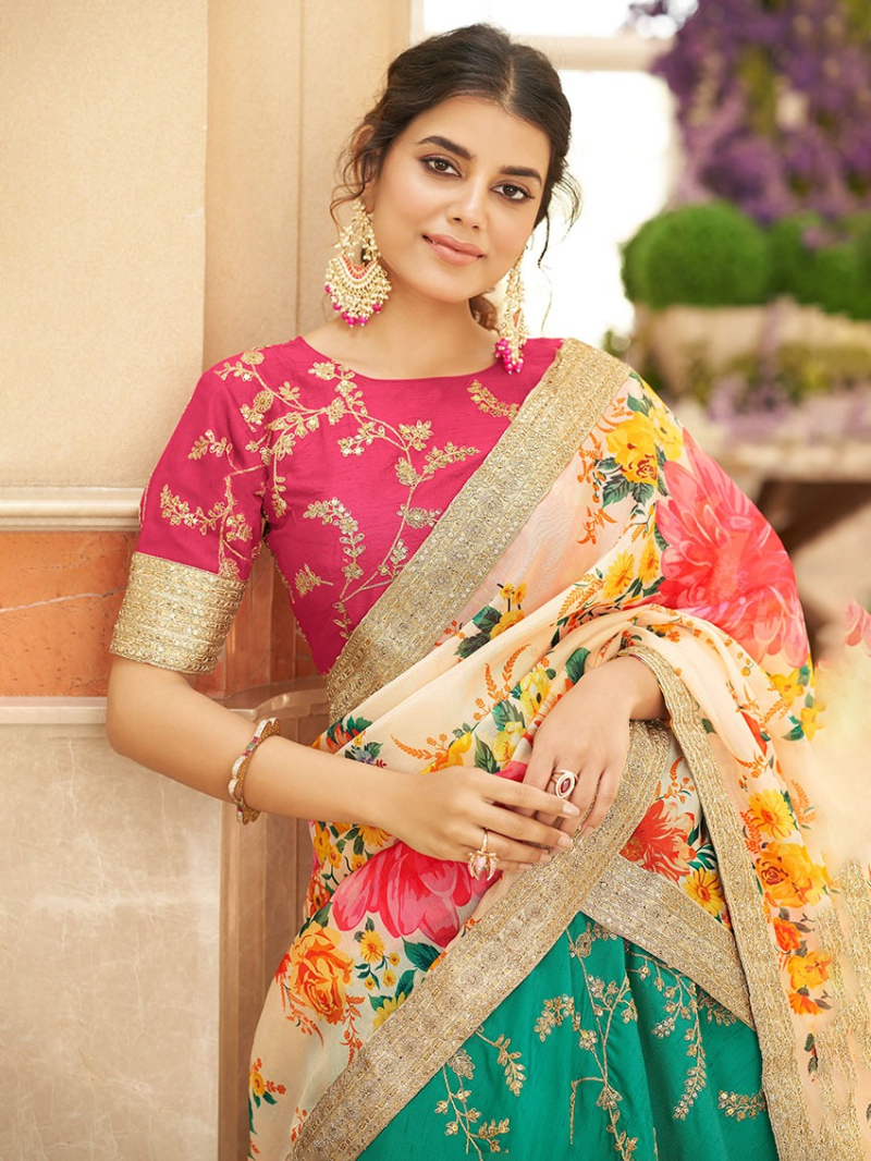 Authentic Ethnic Traditional Deep Emerald Green & Cream  Organza & Art Silk Lehanga Suit