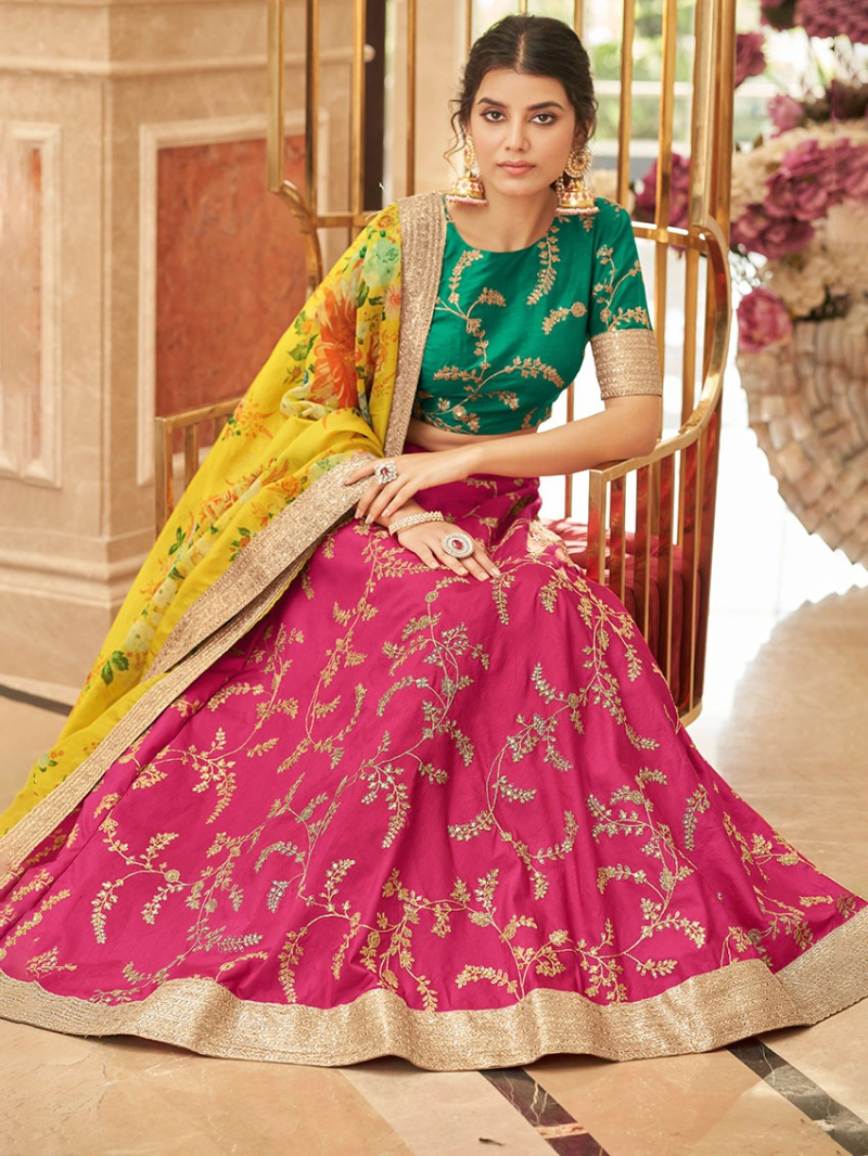 Elegant Authentic Traditional Ethnic Raspberry & Yellow Organza & Art Silk Lehanga Suit