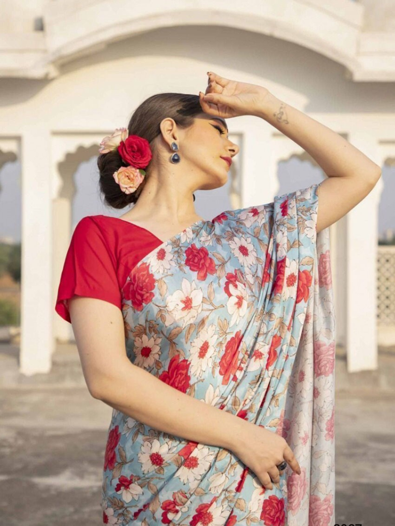 Traditional Ethnic Festive Dusty Pastel Blue Satin Silk Saree