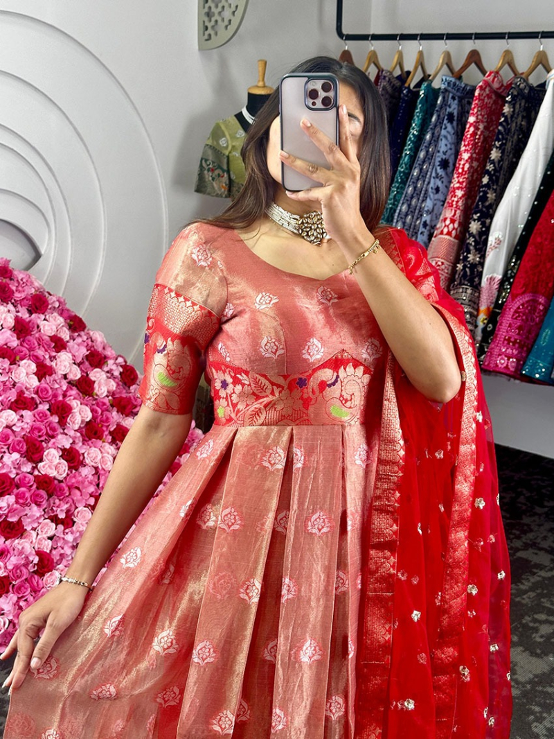 Traditional Ethnic Festive Red Pink Kota Silk Anarkali Suit