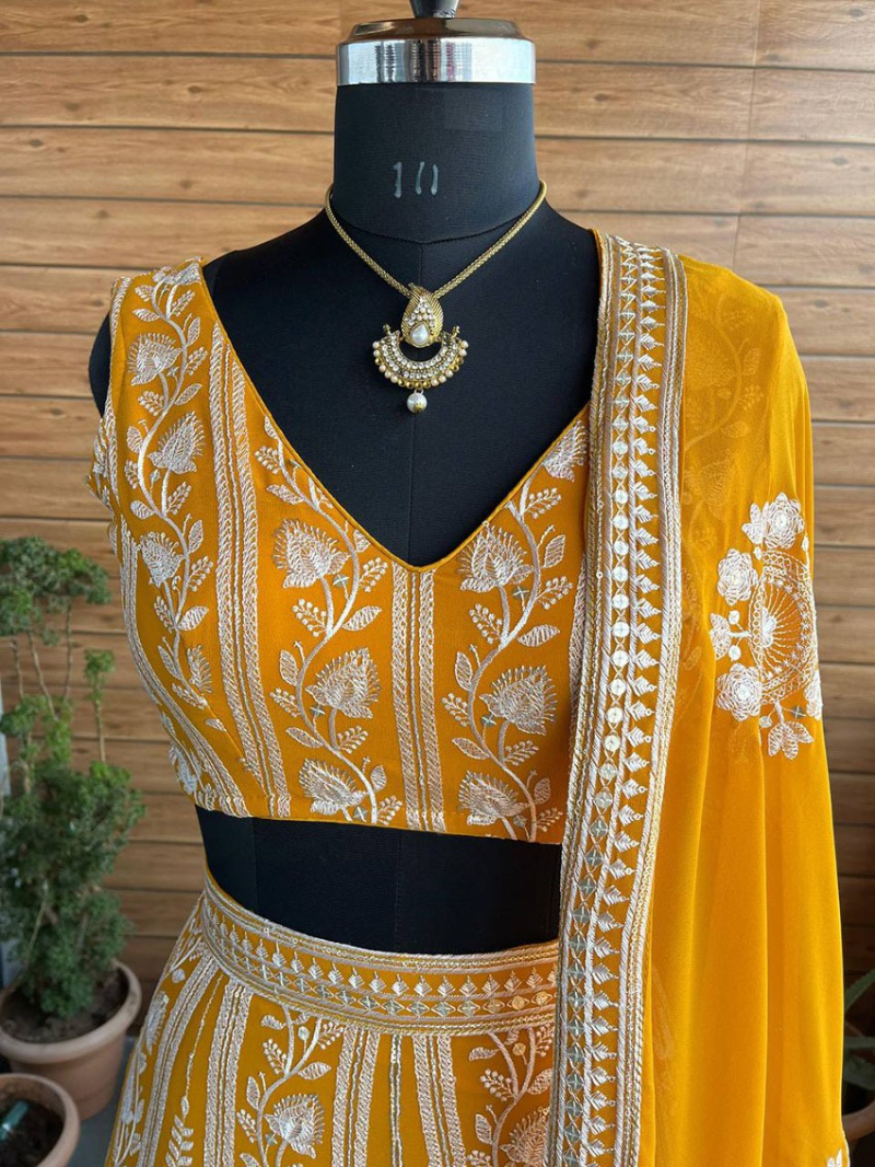Traditional Ethnic Festive Metallic Gold Faux Georgette Lehanga Suit 