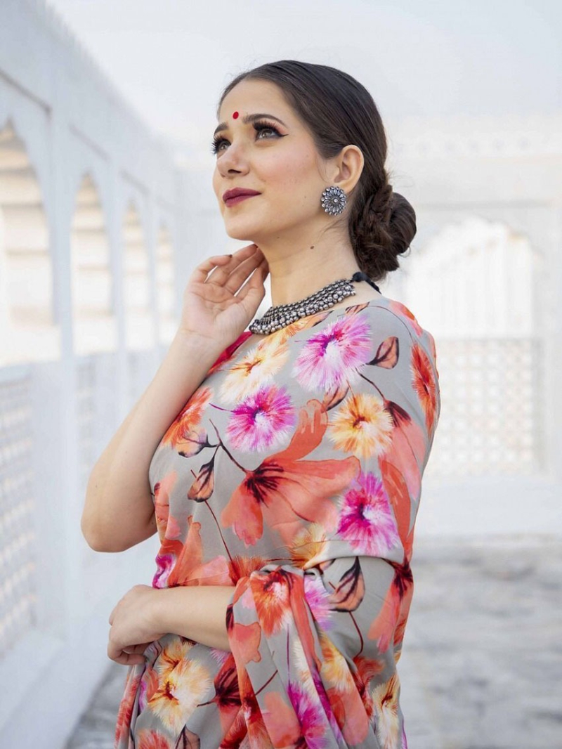 Elegant Ethenic Festive Grey Satin Silk Saree