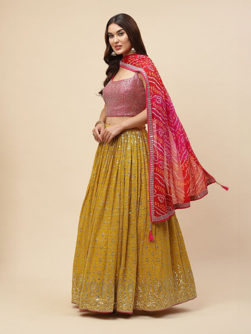 Elegant Designer Ethnic Mustard Georgette Lehanga Suit