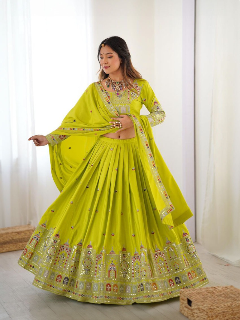 Designer Ethnic Festive Parrot Green Crepe Silk Lehanga Suit