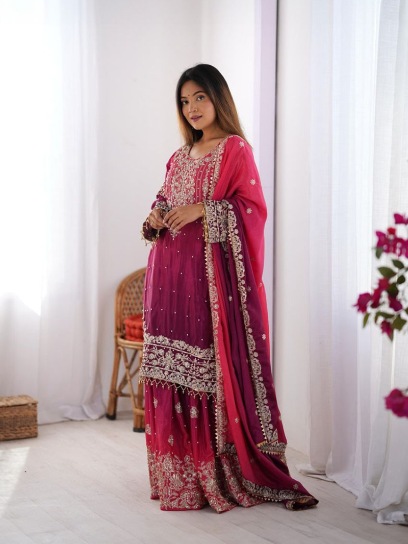 Elegant Ethnic Designer Fuchsia & Rose Pink Chinnon Silk Plazo Suit