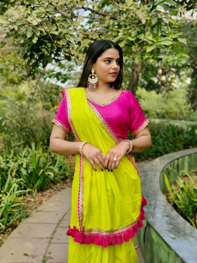 Elegant Ethnic Festive Lime Green Cotton Saree