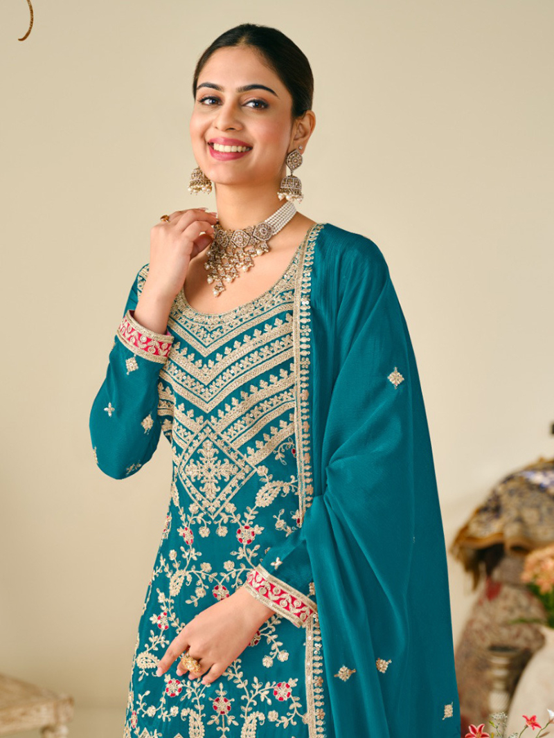 Authentic Ethnic Teal Blue Chinnon Silk Plazo Suit