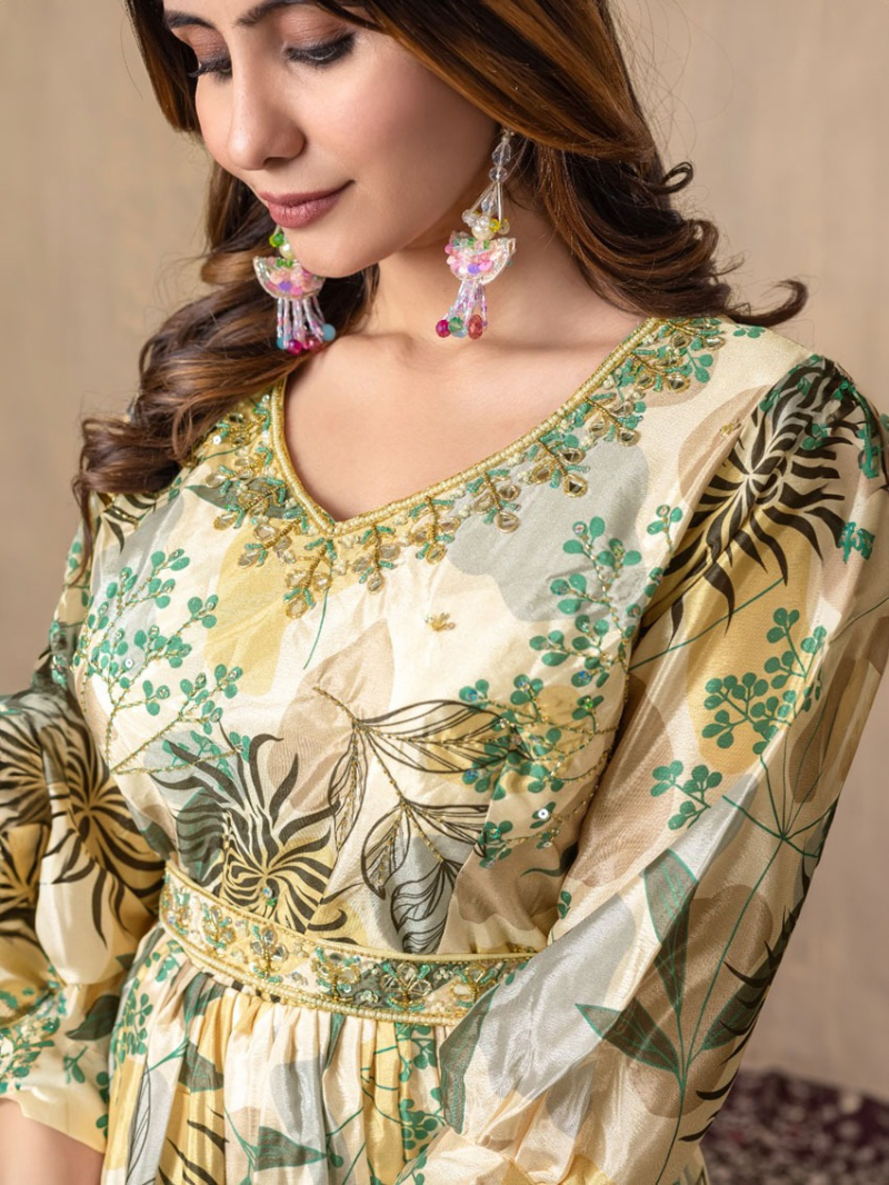 Elegant Traditional  Beige Chinnon Silk long Anarkali Style Suit