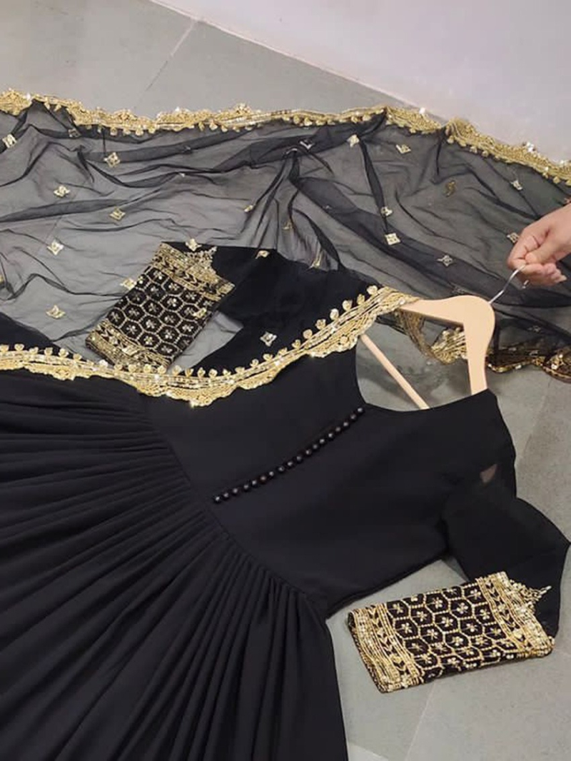 Ethnic Festive Black Georgette Embroidered Anarkali Gown Suit