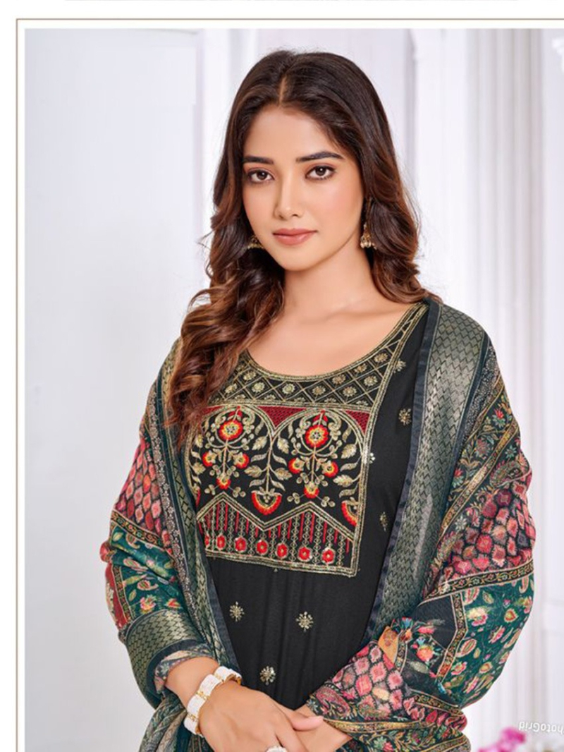 Elegant Traditional Embroidered Black Rayon Straight Suit 
