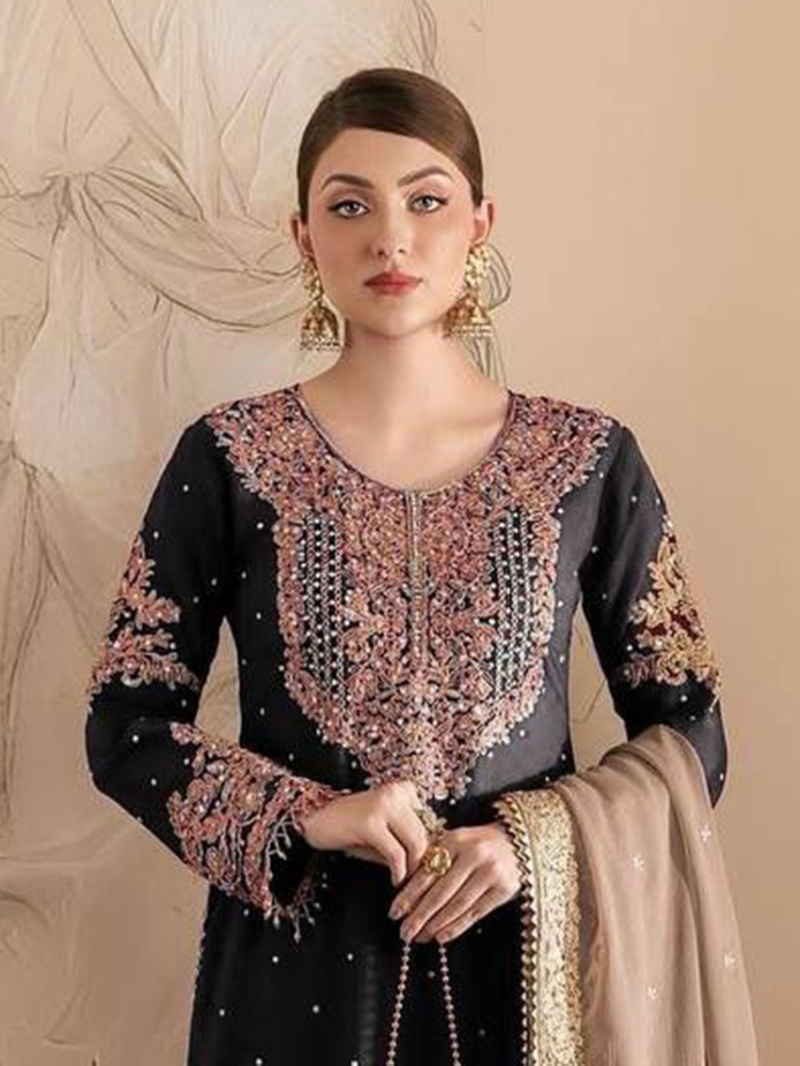 Classic Black and Gold Faux Georgette Embroidered Sharara Suit