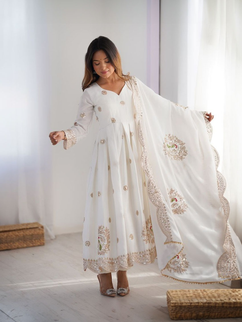 Designer Traditional Ethnic  White Chinnon Anarkali Suit