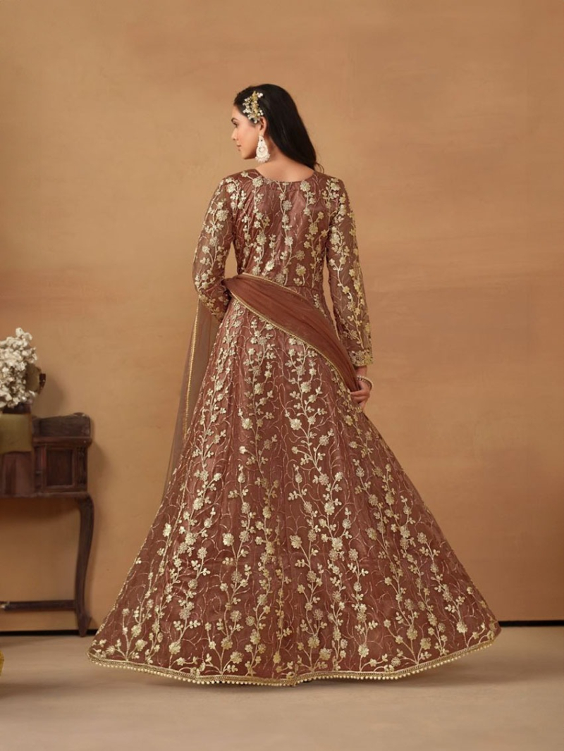Royal Traditional Brown Butterfly Net Anarkali Suit