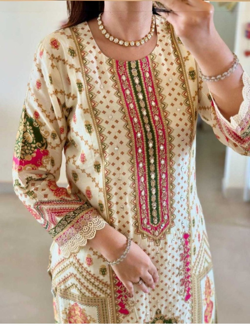 Elegant Printed Banana Silk & Embellished Straight Suit