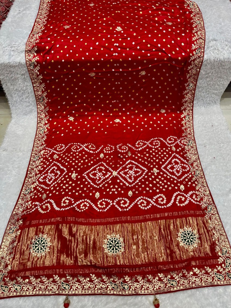 Elegant Festive Crimson Red Pure Gaji Silk Bandhani Saree