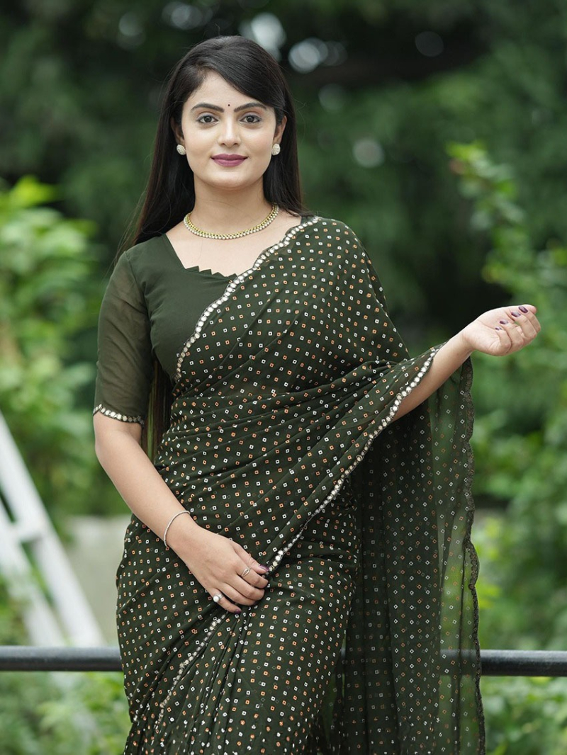 Elegant Casual Festive Dark Green Viscose Georgette Saree