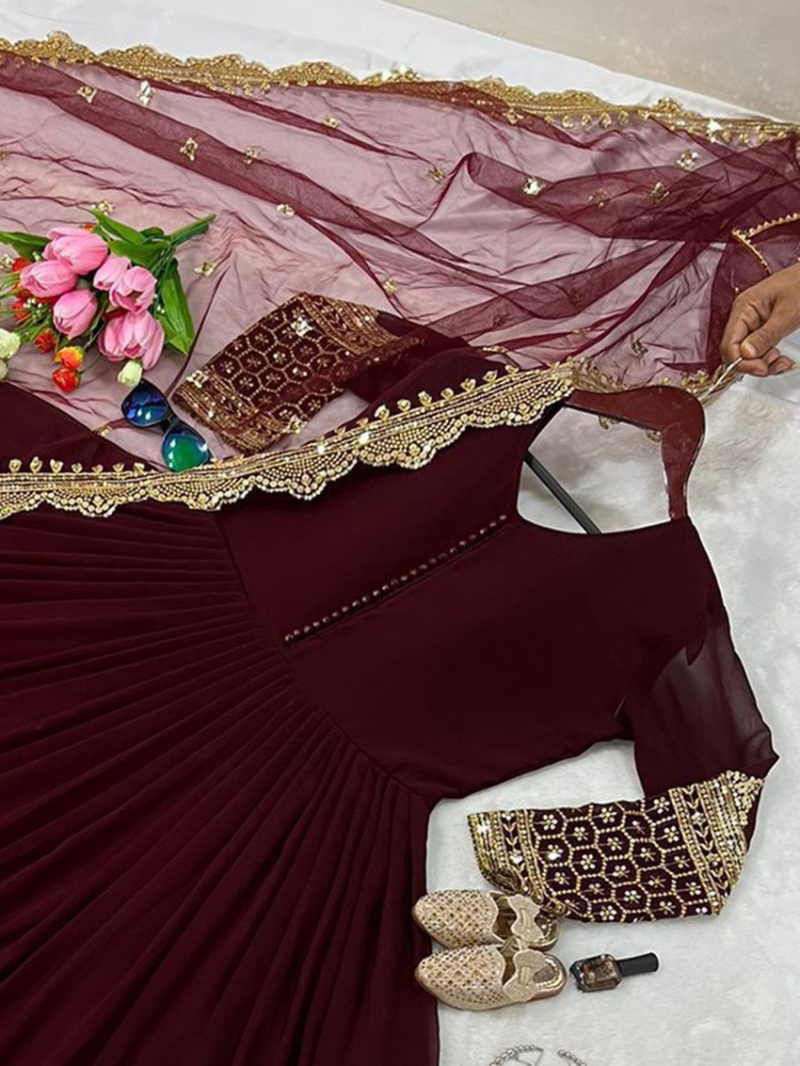 Ethnic Festive Dark Maroon Embroidered Anarkali Gown Suit