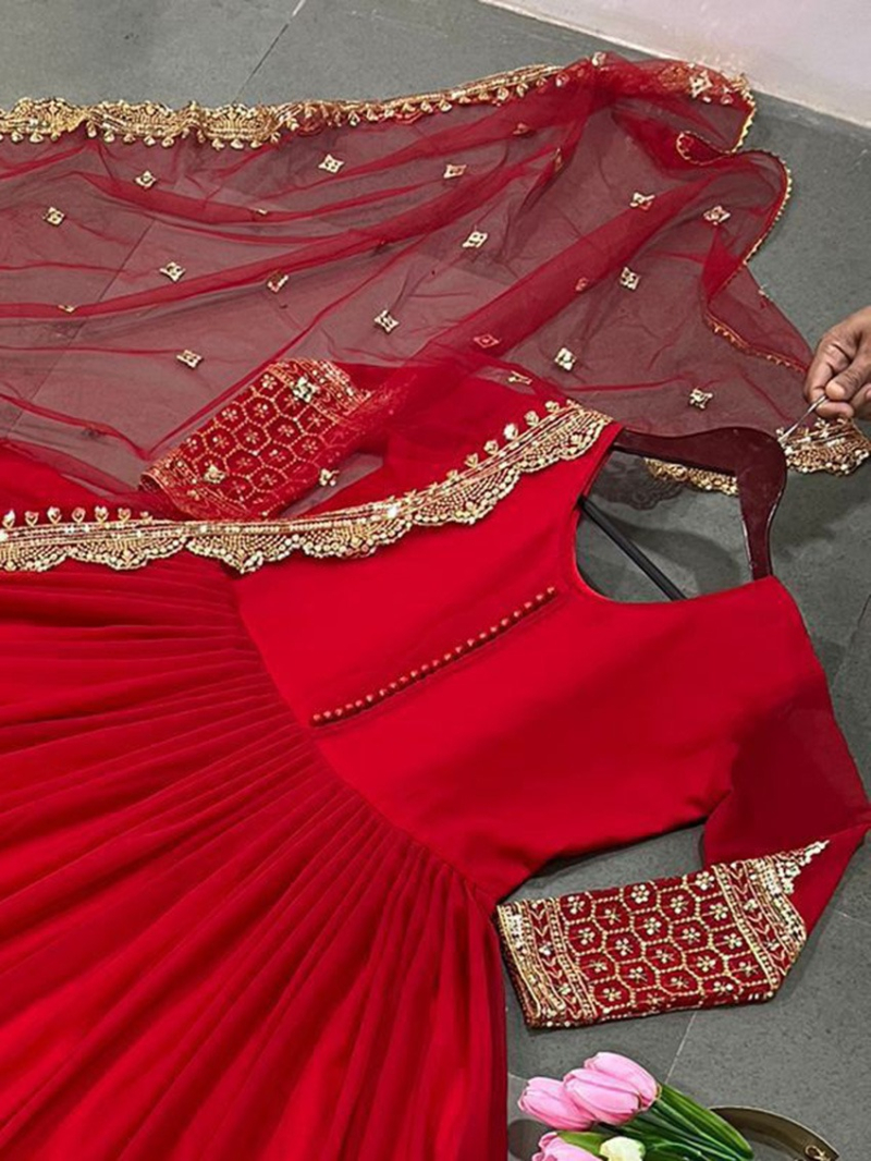 Ethnic Elegant Festive Deep Red Embroidered Anarkali Gown Suit