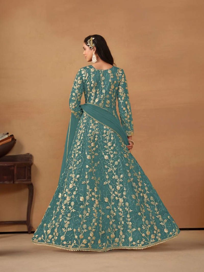 Elegant Traditional Dusty Aqua Blue Butterfly Net Anarkali Suit