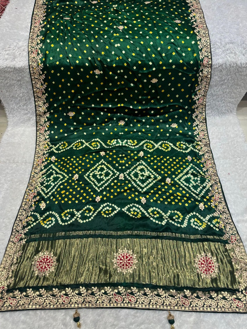 Authentic Traditional Festive Emerald Green Pure Gaji Silk Bandhani Saree