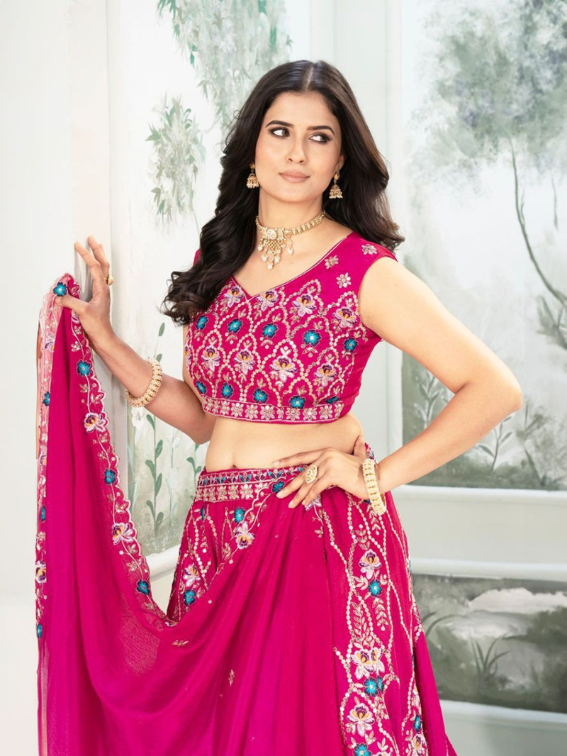 Traditional Ethnic Festive Rani Pink Chinnon Lehanga Suit