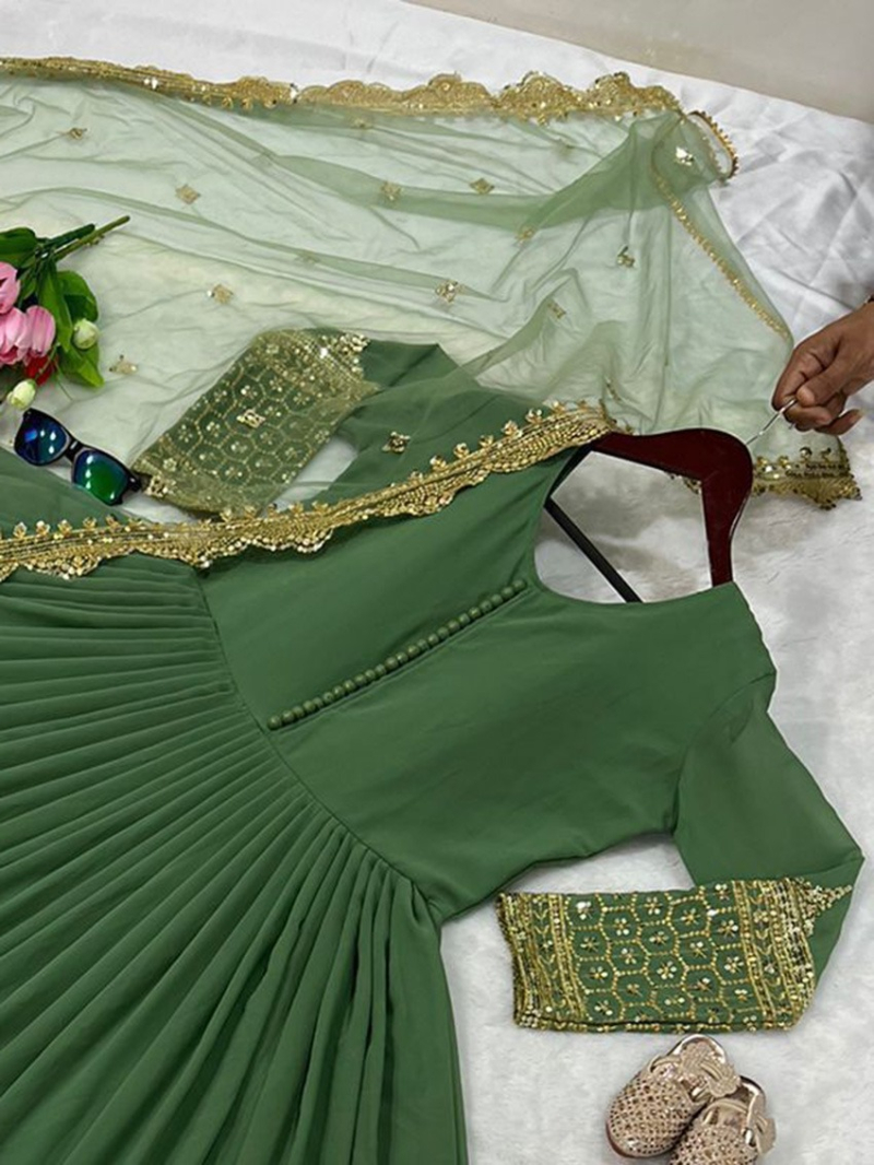 Ethnic Traditional Fern Green Embroidered Anarkali Gown Suit